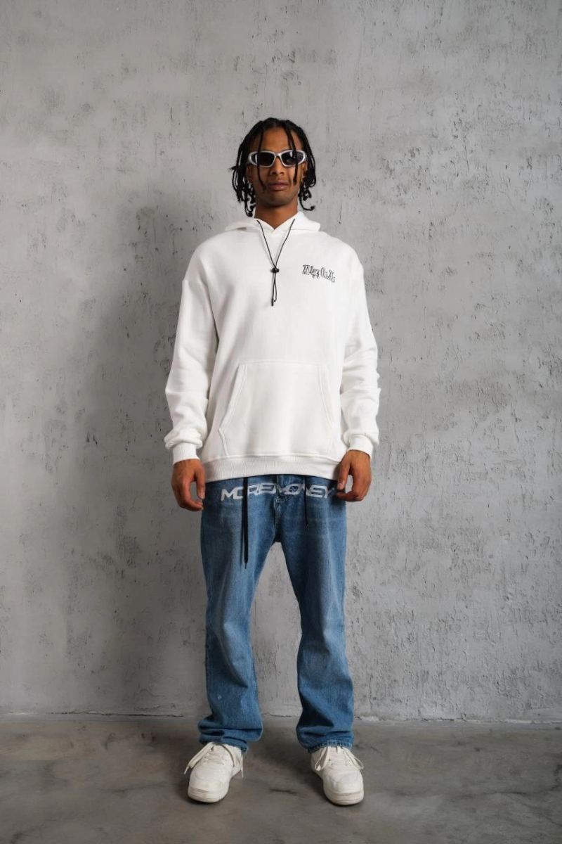 Erkek Kapüşonlu Kanguru Cepli Sweatshirt 3 İplik Pamuklu Baskılı Hoodie - Beyaz