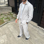 Erkek Kadife Oversize Takım Gömlek Pantolon İkili Set - Gri