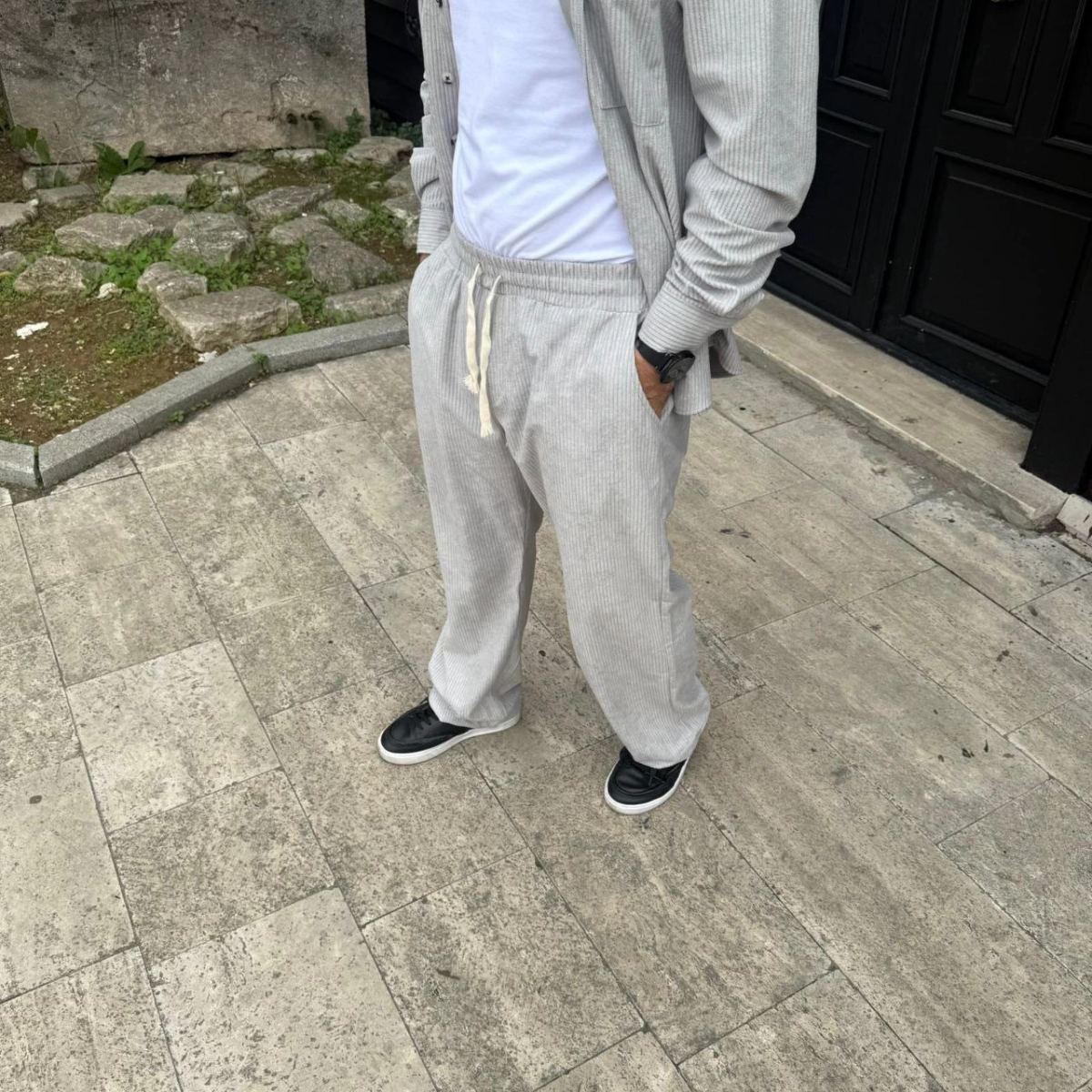 Erkek Kadife Oversize Takım Gömlek Pantolon İkili Set - Gri
