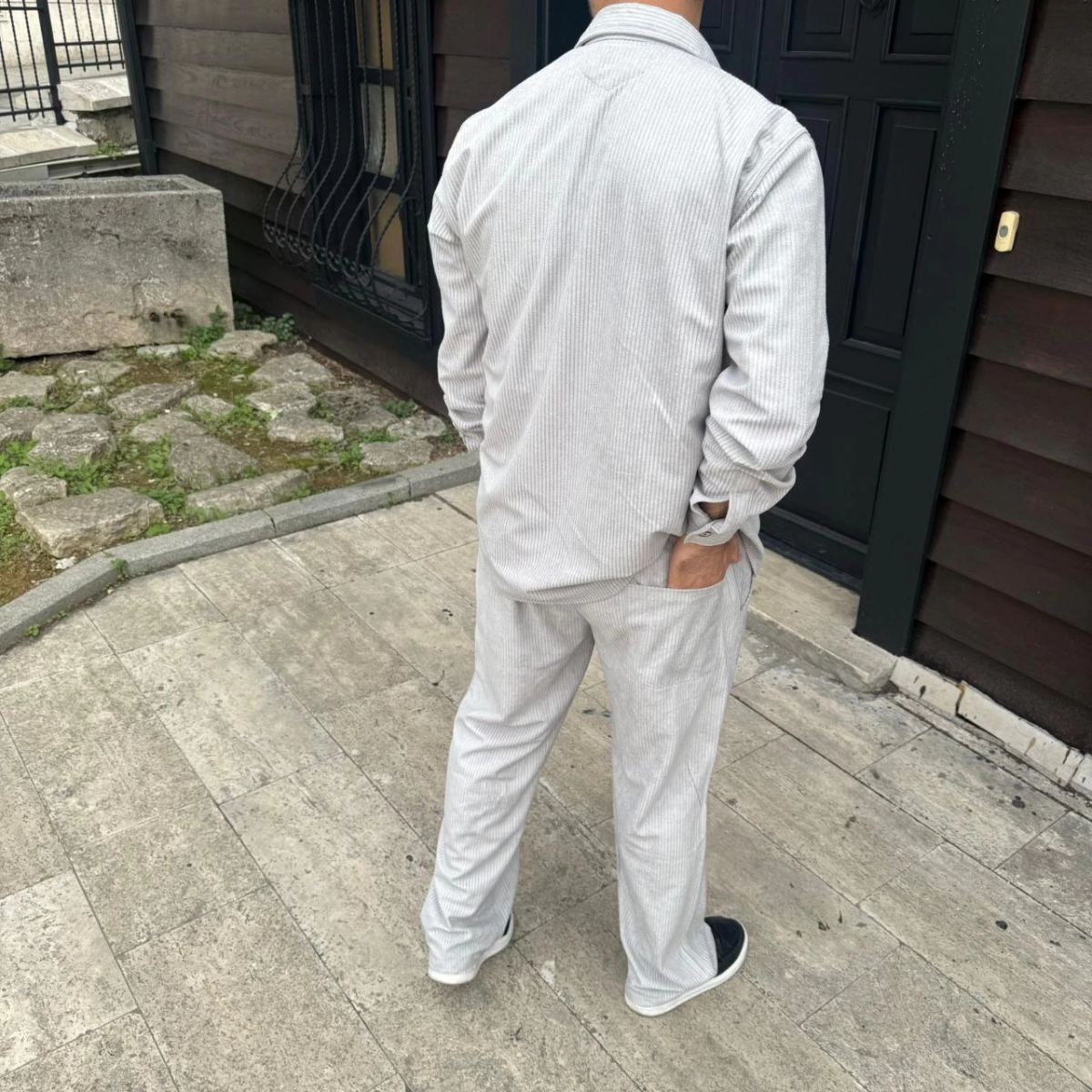 Erkek Kadife Oversize Takım Gömlek Pantolon İkili Set - Gri