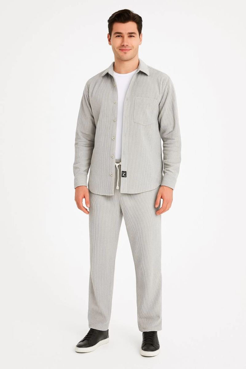 Erkek Kadife Oversize Takım Gömlek Pantolon İkili Set - Gri