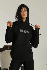 Kadın Oversize Kapüşonlu Cepli Baskılı 3 İplik Pamuklu Hoodie Sweatshirt -  Siyah