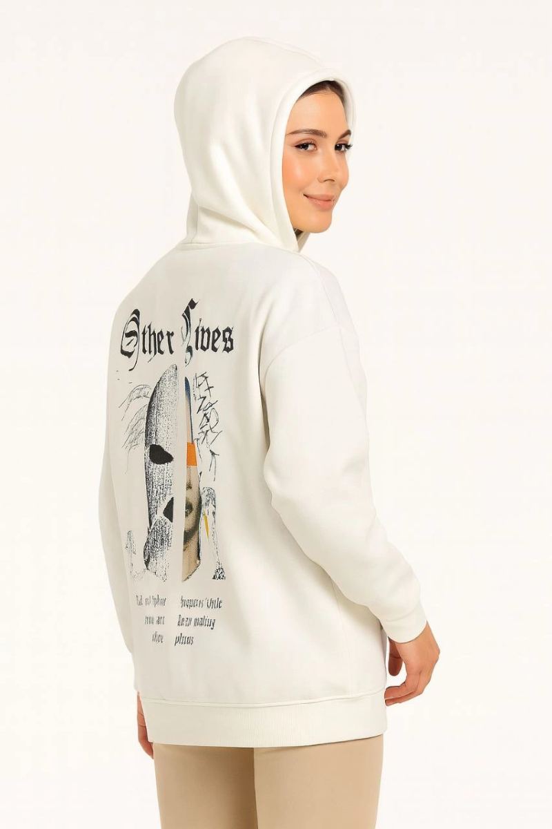 Kadın Kapüşonlu Kanguru Cepli Sweatshirt 3 İplik Pamuklu Baskılı Hoodie - Beyaz