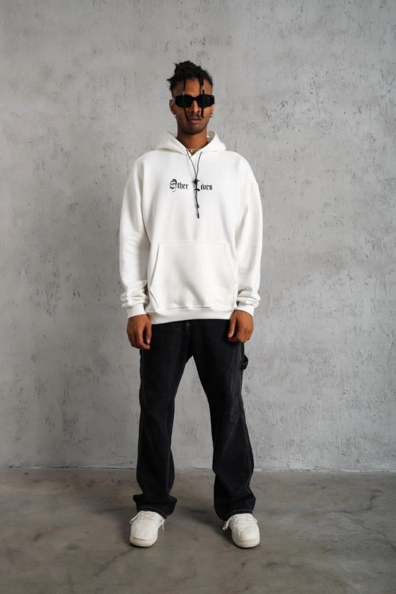Erkek Kapüşonlu Kanguru Cepli Sweatshirt 3 İplik Pamuklu Baskılı Hoodie - Beyaz