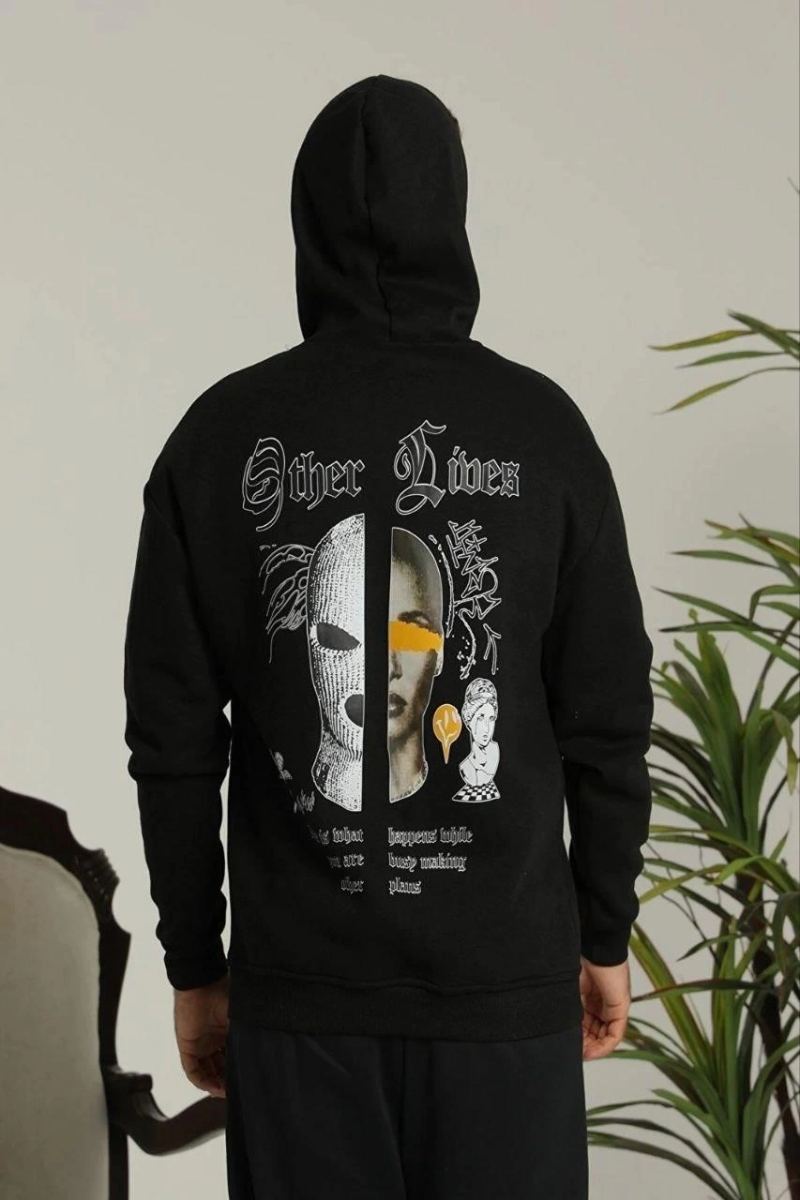 Erkek Kapüşonlu Kanguru Cepli Sweatshirt 3 İplik Pamuklu Baskılı Hoodie - Siyah