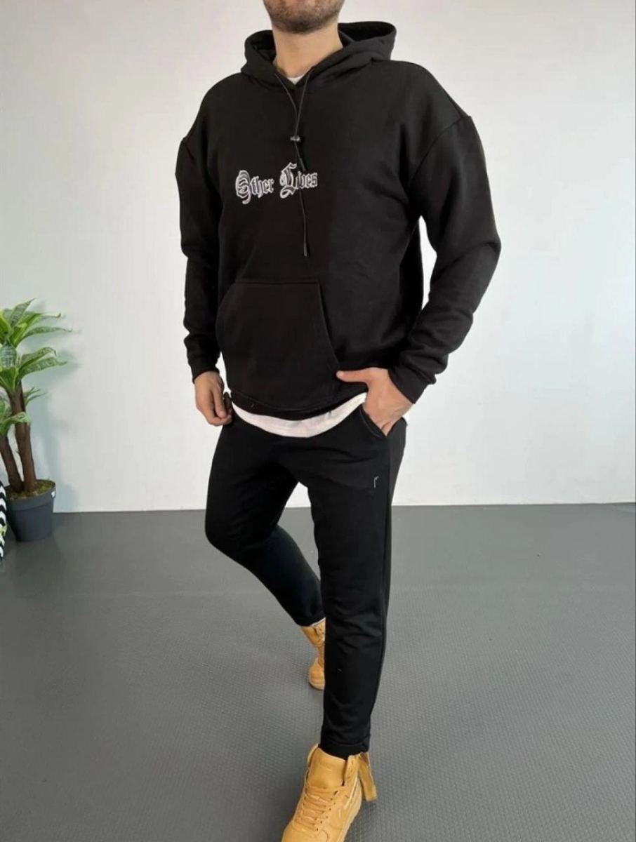 Erkek Kapüşonlu Kanguru Cepli Sweatshirt 3 İplik Pamuklu Baskılı Hoodie - Siyah