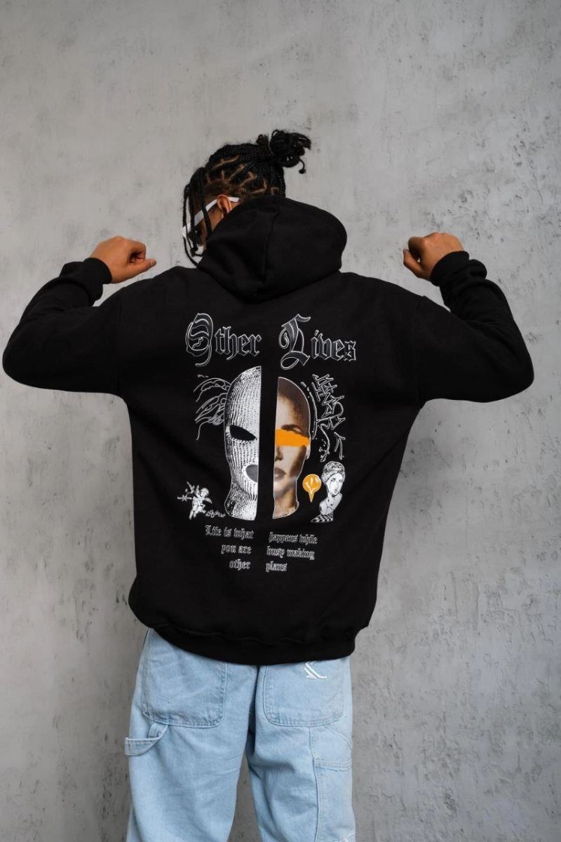 Erkek Kapüşonlu Kanguru Cepli Sweatshirt 3 İplik Pamuklu Baskılı Hoodie - Siyah