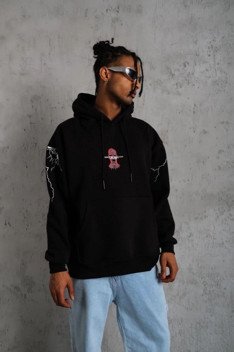 Erkek Kapüşonlu Kanguru Cepli Sweatshirt 3 İplik Pamuklu Baskılı Hoodie - Siyah