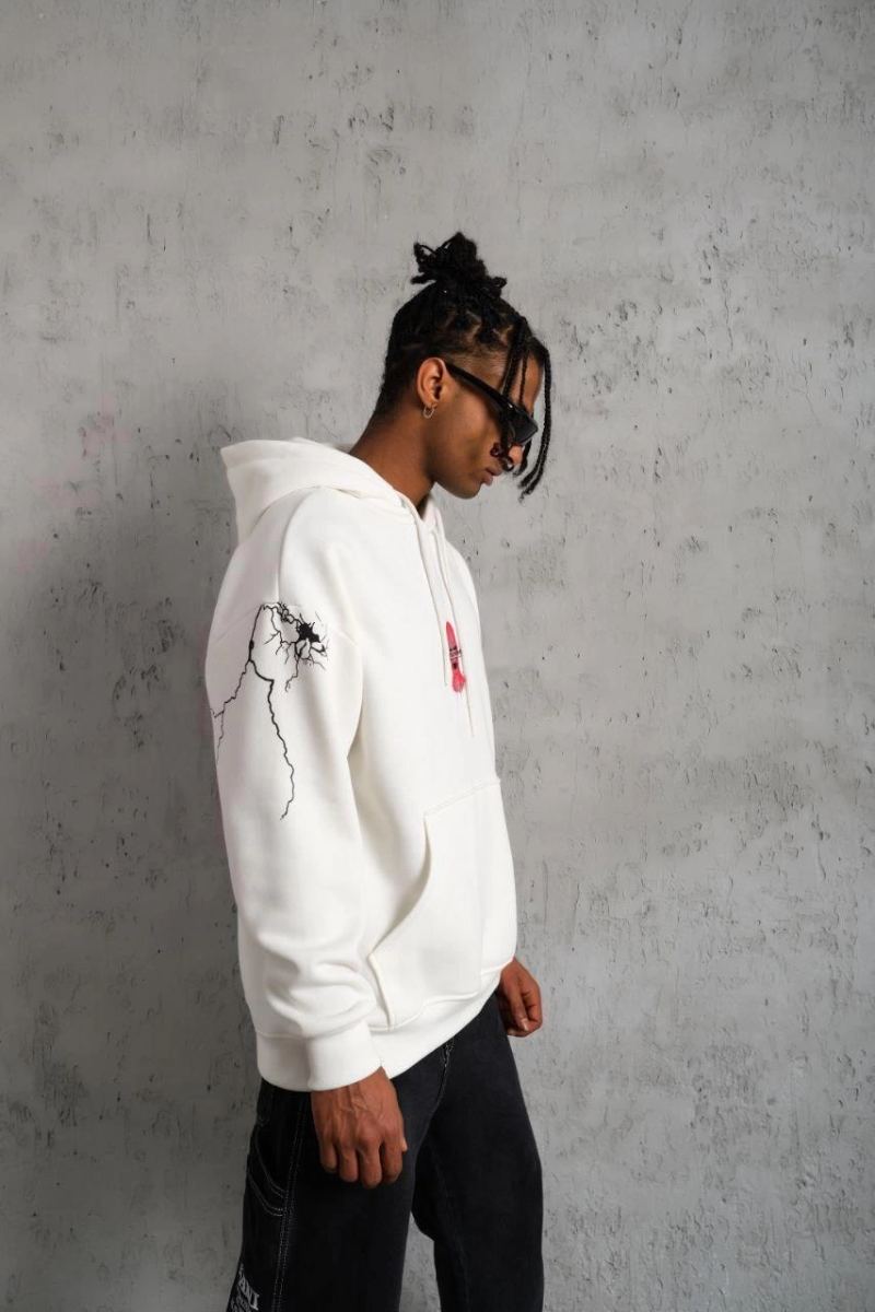 Erkek Kapüşonlu Kanguru Cepli Sweatshirt 3 İplik Pamuklu Baskılı Hoodie -  Beyaz