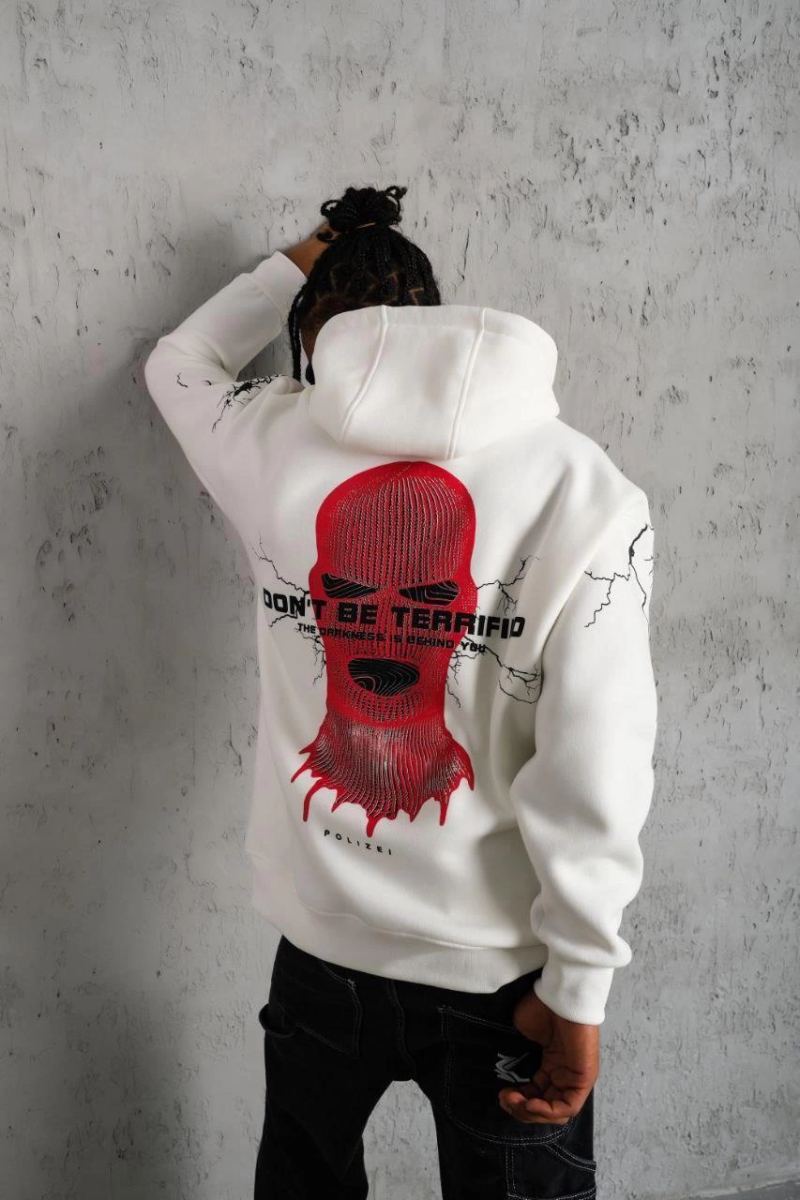 Erkek Kapüşonlu Kanguru Cepli Sweatshirt 3 İplik Pamuklu Baskılı Hoodie -  Beyaz