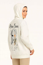 Kadın Oversize Kapüşonlu Kanguru Cepli Baskılı 3 İplik Pamuklu Sweatshirt Hoodie -   Beyaz