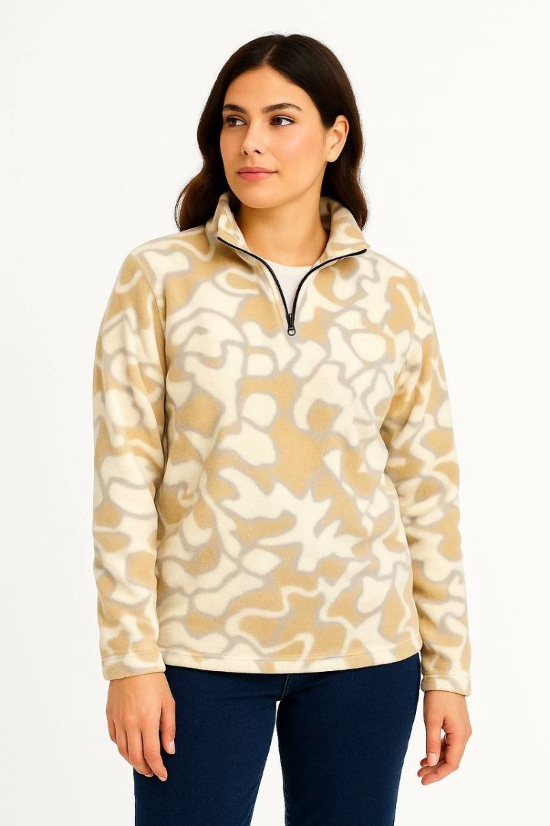 KADIN Yarım Fermuarlı Desenli Polar Sweat Yakalı Uzun Kollu Oversize Kalıp - Bej