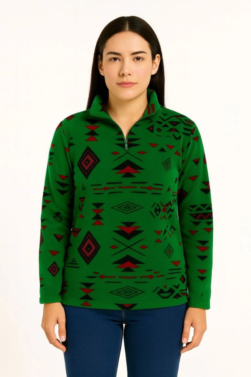 Kadın Yarım Fermuarlı Desenli Polar Sweat Tribal Etnik Desen Yakalı Uzun Kollu - Yeşil