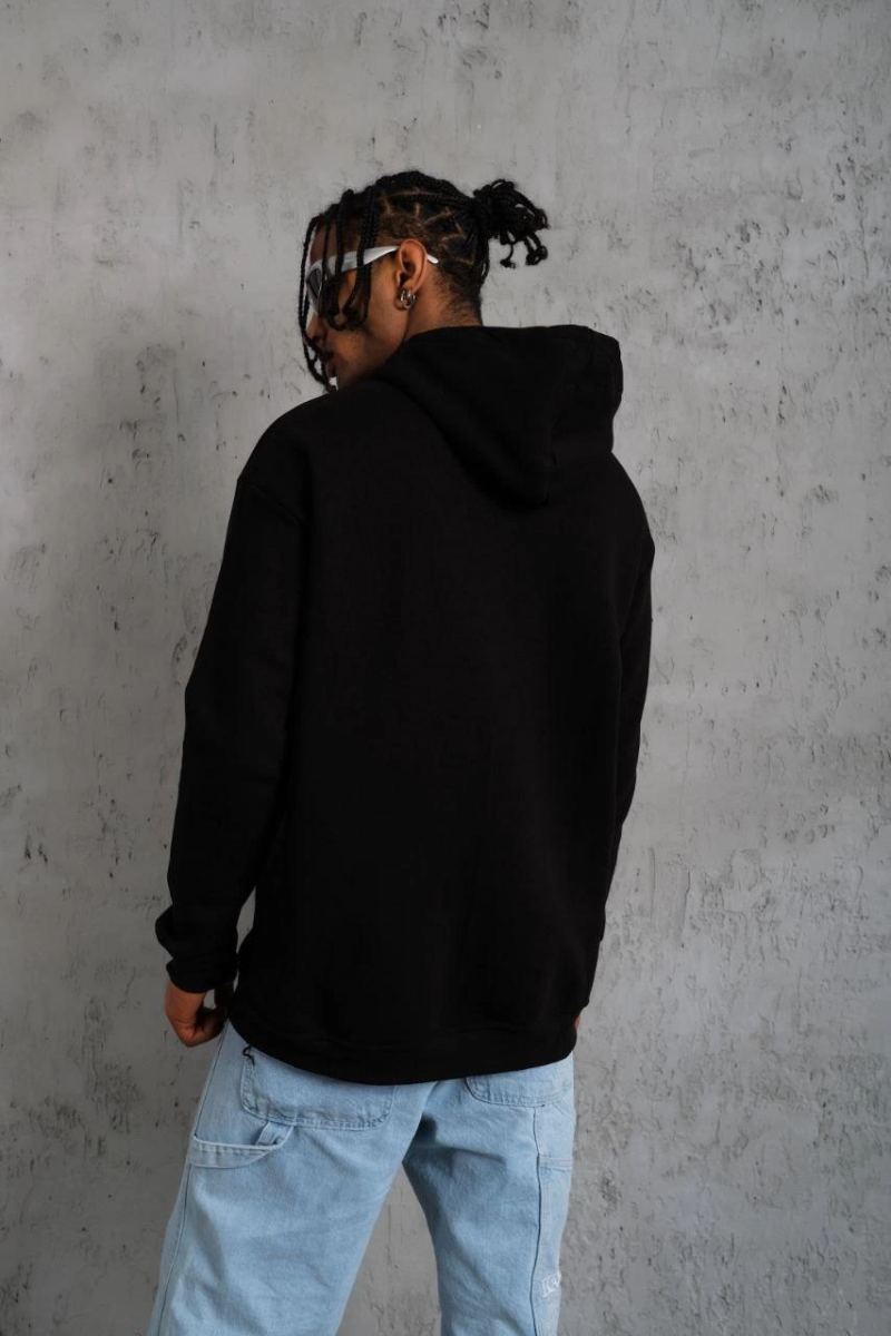 Erkek Kapüşonlu Kanguru Cepli Sweatshirt 3 İplik Pamuklu Baskılı Hoodie - Siyah