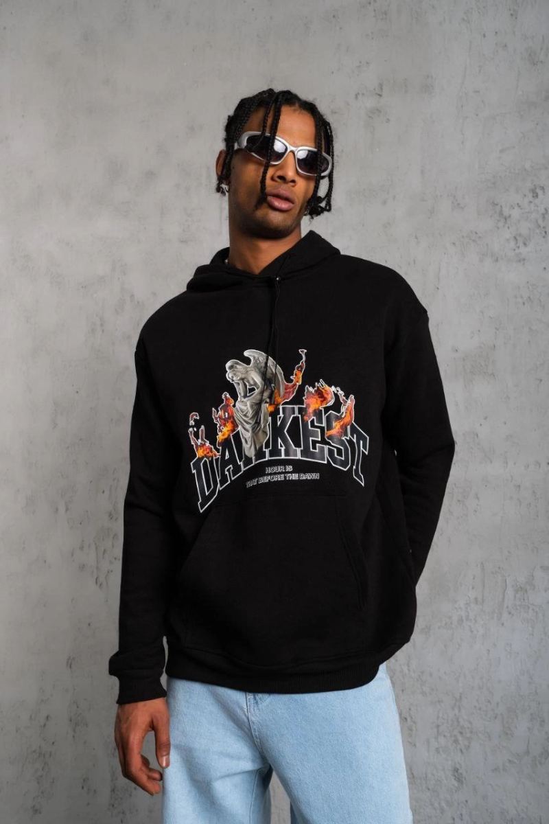 Erkek Kapüşonlu Kanguru Cepli Sweatshirt 3 İplik Pamuklu Baskılı Hoodie - Siyah
