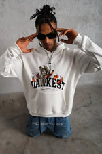 Erkek Kapüşonlu Kanguru Cepli Sweatshirt 3 İplik Pamuklu Baskılı Hoodie - Beyaz