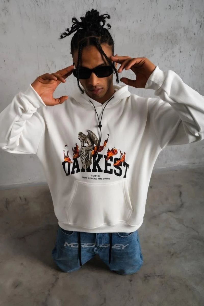 Erkek Kapüşonlu Kanguru Cepli Sweatshirt 3 İplik Pamuklu Baskılı Hoodie - Beyaz