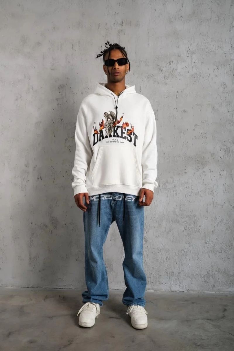 Erkek Kapüşonlu Kanguru Cepli Sweatshirt 3 İplik Pamuklu Baskılı Hoodie - Beyaz
