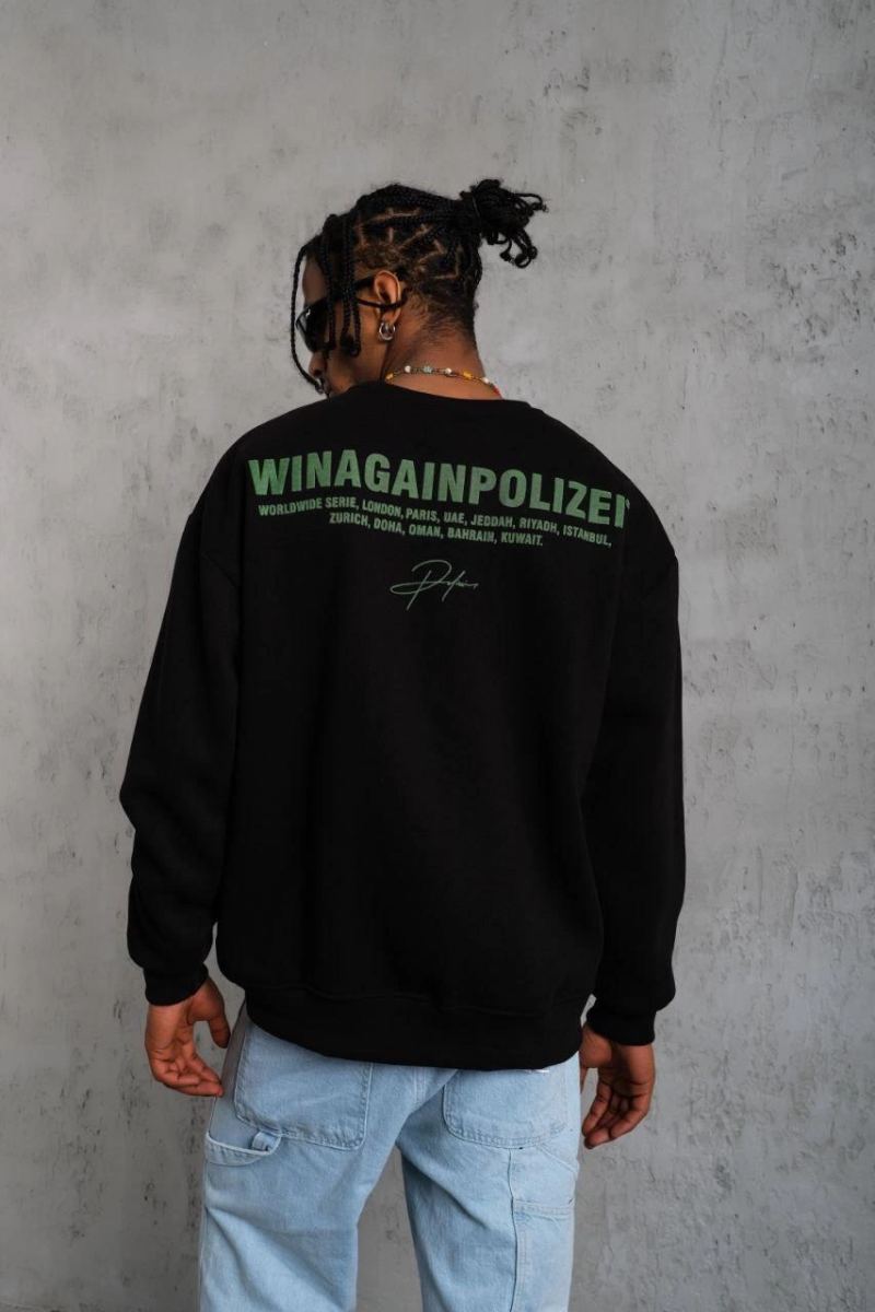 Erkek Oversize Sweatshirt Ön ve Sırt Baskılı 3 İplik Pamuklu - Siyah