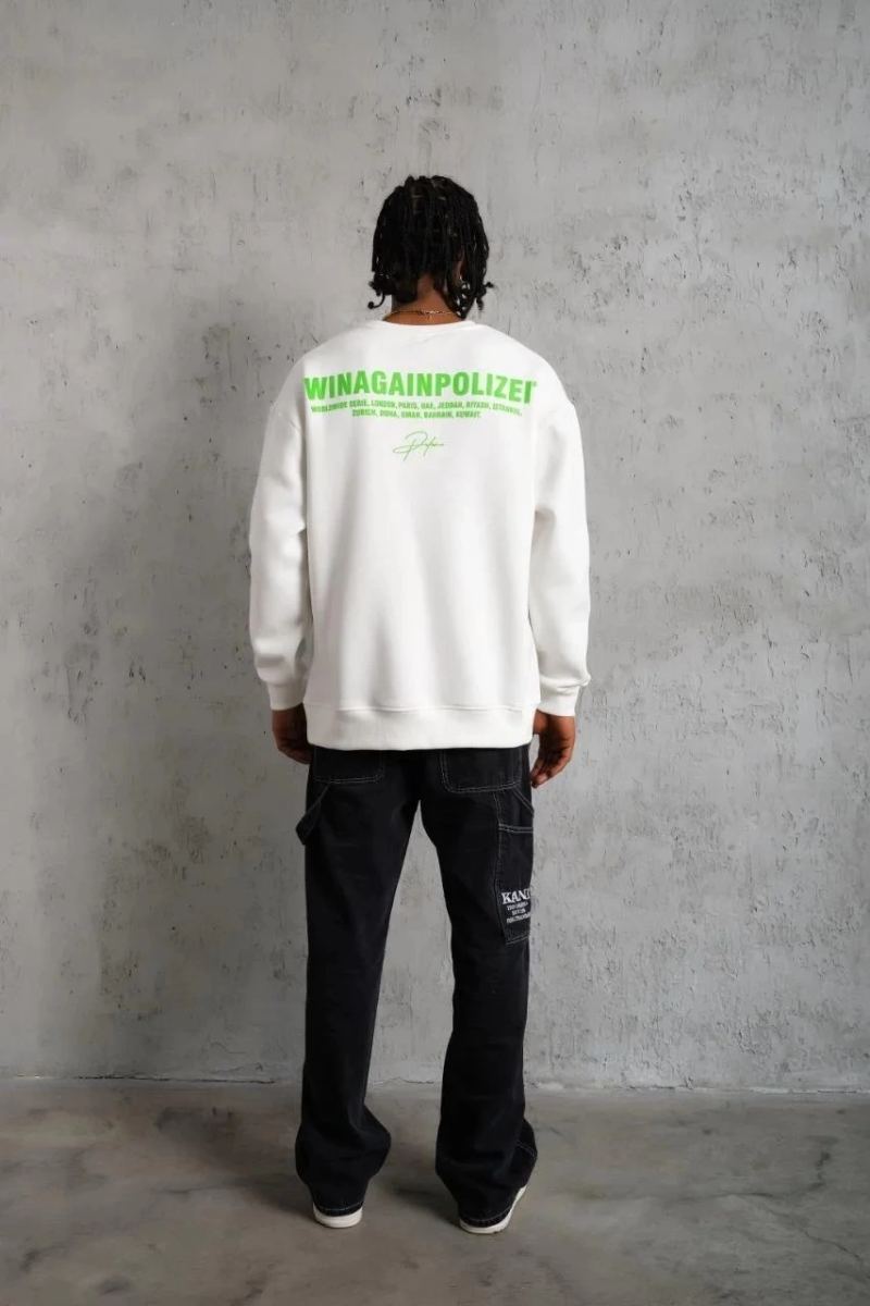 Erkek Oversize Sweatshirt Ön ve Sırt Baskılı 3 İplik Pamuklu - Beyaz