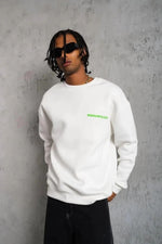 Erkek Oversize Sweatshirt Ön ve Sırt Baskılı 3 İplik Pamuklu - Beyaz