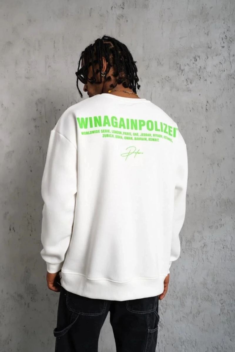 Erkek Oversize Sweatshirt Ön ve Sırt Baskılı 3 İplik Pamuklu - Beyaz