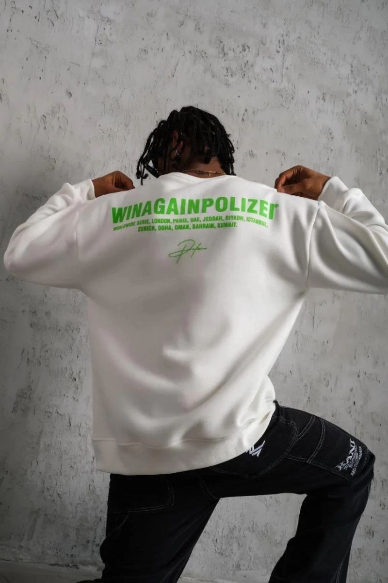 Erkek Oversize Sweatshirt Ön ve Sırt Baskılı 3 İplik Pamuklu - Beyaz