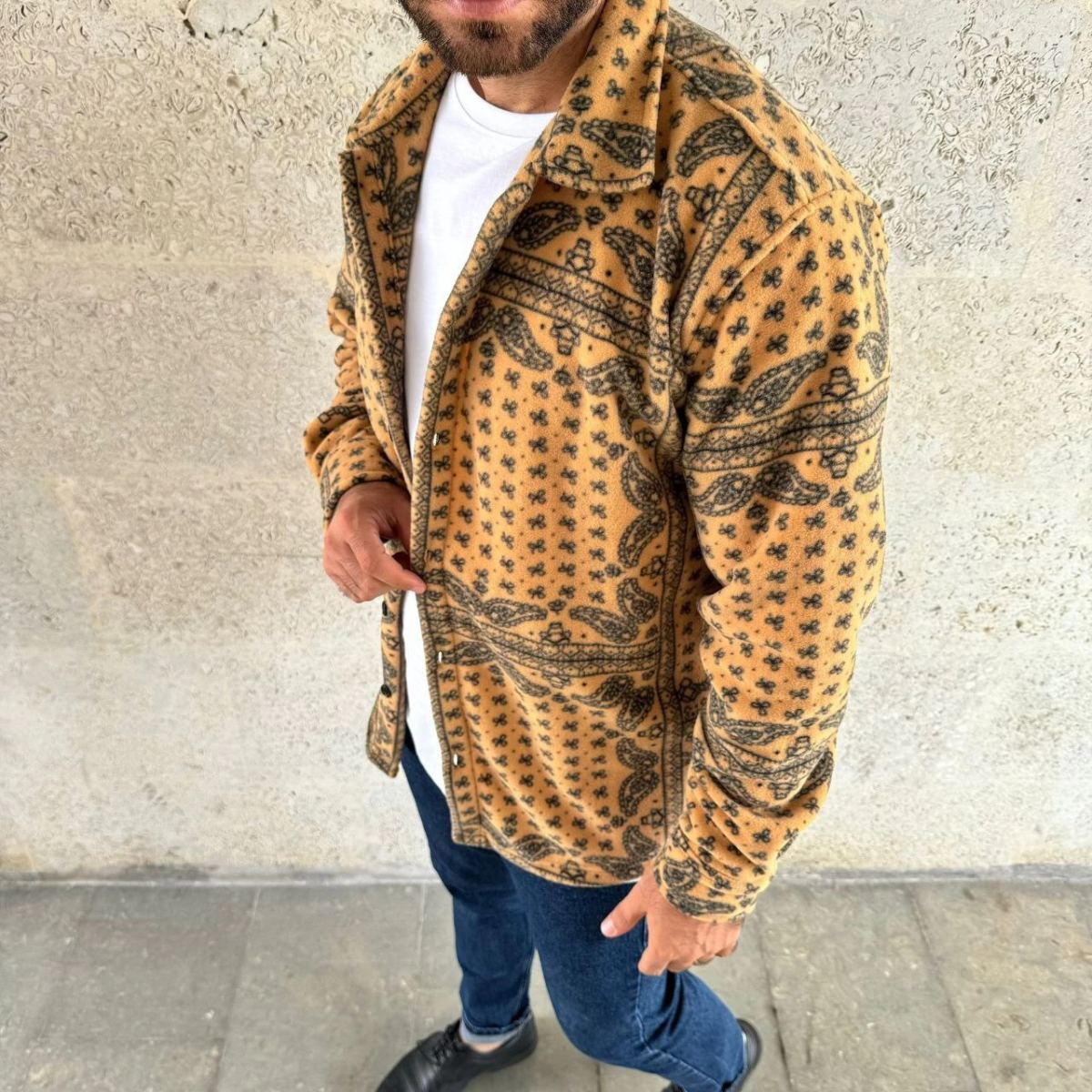 Erkek Düğmeli Gömlek Polar Sweatshirt Yumuşak Dokulu Oversize Kalıp -Sarı