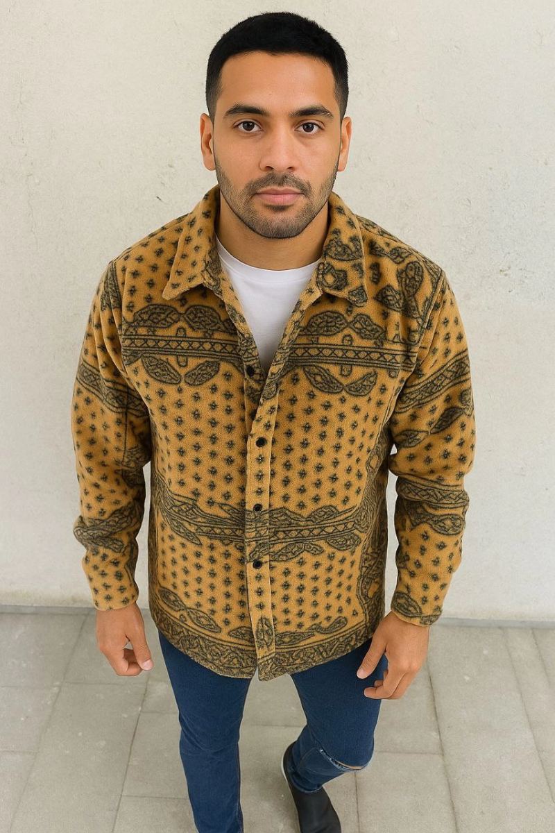 Erkek Düğmeli Gömlek Polar Sweatshirt Yumuşak Dokulu Oversize Kalıp -Sarı