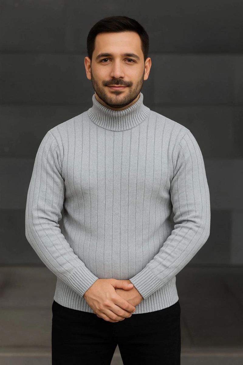 Erkek Tam Boğazlı Balıkçı Yaka Triko Kazak Kalın Fitilli -  Gri