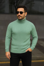 Erkek Tam Boğazlı Balıkçı Yaka Triko Kazak Kalın Fitilli - Mint Yeşili