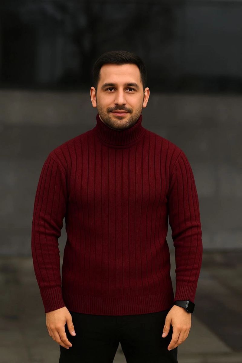 Erkek Tam Boğazlı Balıkçı Yaka Triko Kazak Kalın Fitilli - Bordo