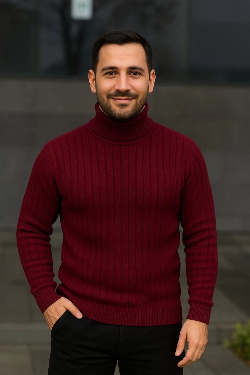 Erkek Tam Boğazlı Balıkçı Yaka Triko Kazak Kalın Fitilli - Bordo