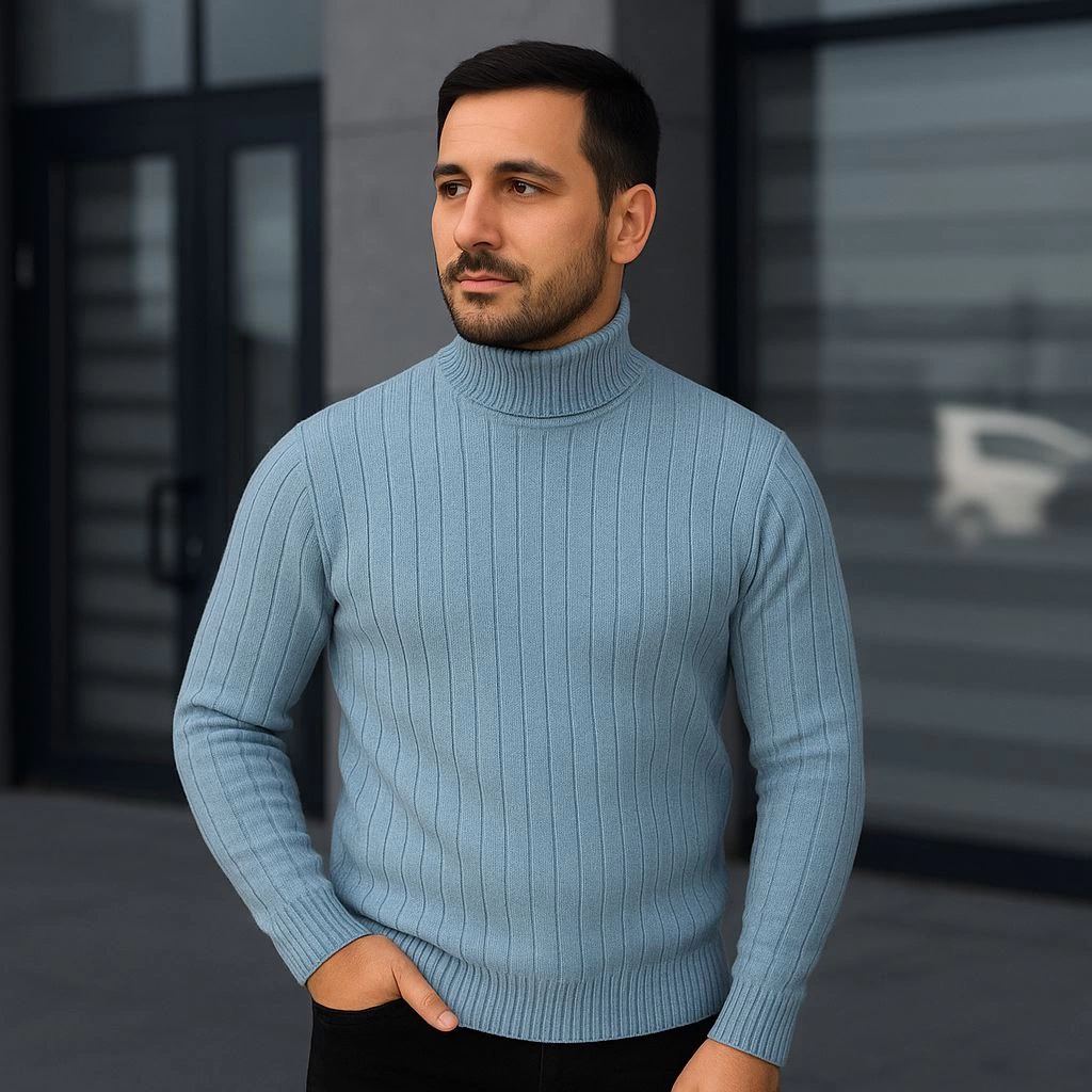 Erkek Tam Boğazlı Balıkçı Yaka Triko Kazak Kalın Fitilli - Bebek Mavisi