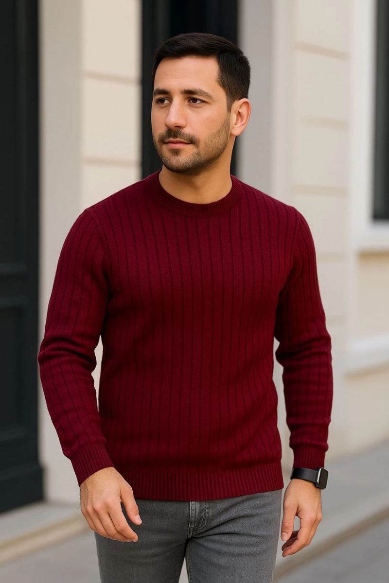 Erkek Bisiklet Yaka Triko Kazak Pamuklu Kalın Fitilli Dokuma Regular Fit - Bordo
