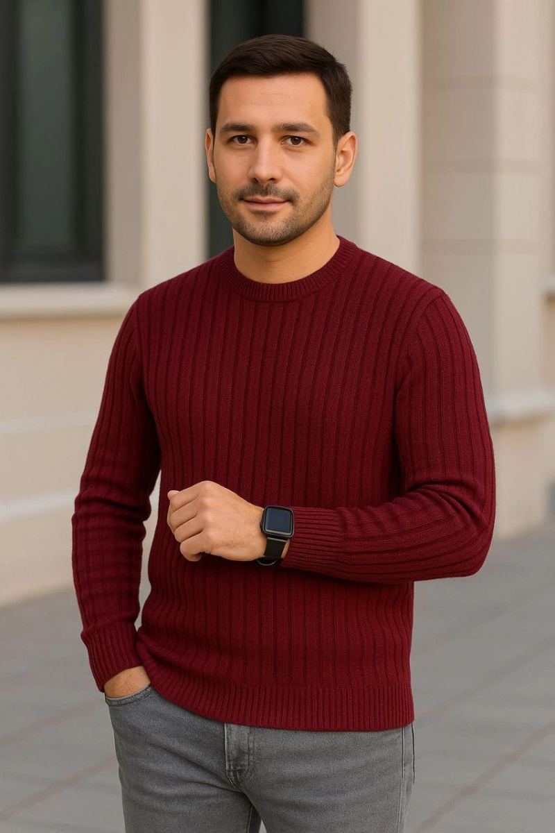 Erkek Bisiklet Yaka Triko Kazak Pamuklu Kalın Fitilli Dokuma Regular Fit - Bordo