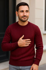 Erkek Bisiklet Yaka Triko Kazak Pamuklu Kalın Fitilli Dokuma Regular Fit - Bordo