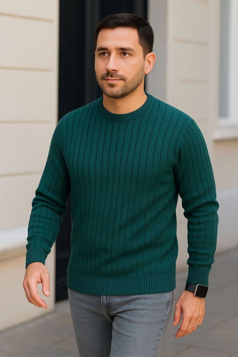 Erkek Bisiklet Yaka Triko Kazak Pamuklu Kalın Fitilli Dokuma Regular Fit - Haki