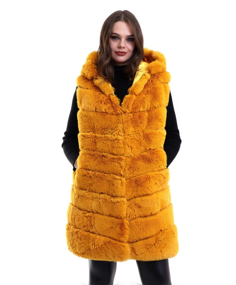 Kadın Kapüşonlu Peluş Kürk Yelek Premium Kalite Tam Astarlı Uzun Model - Sarı