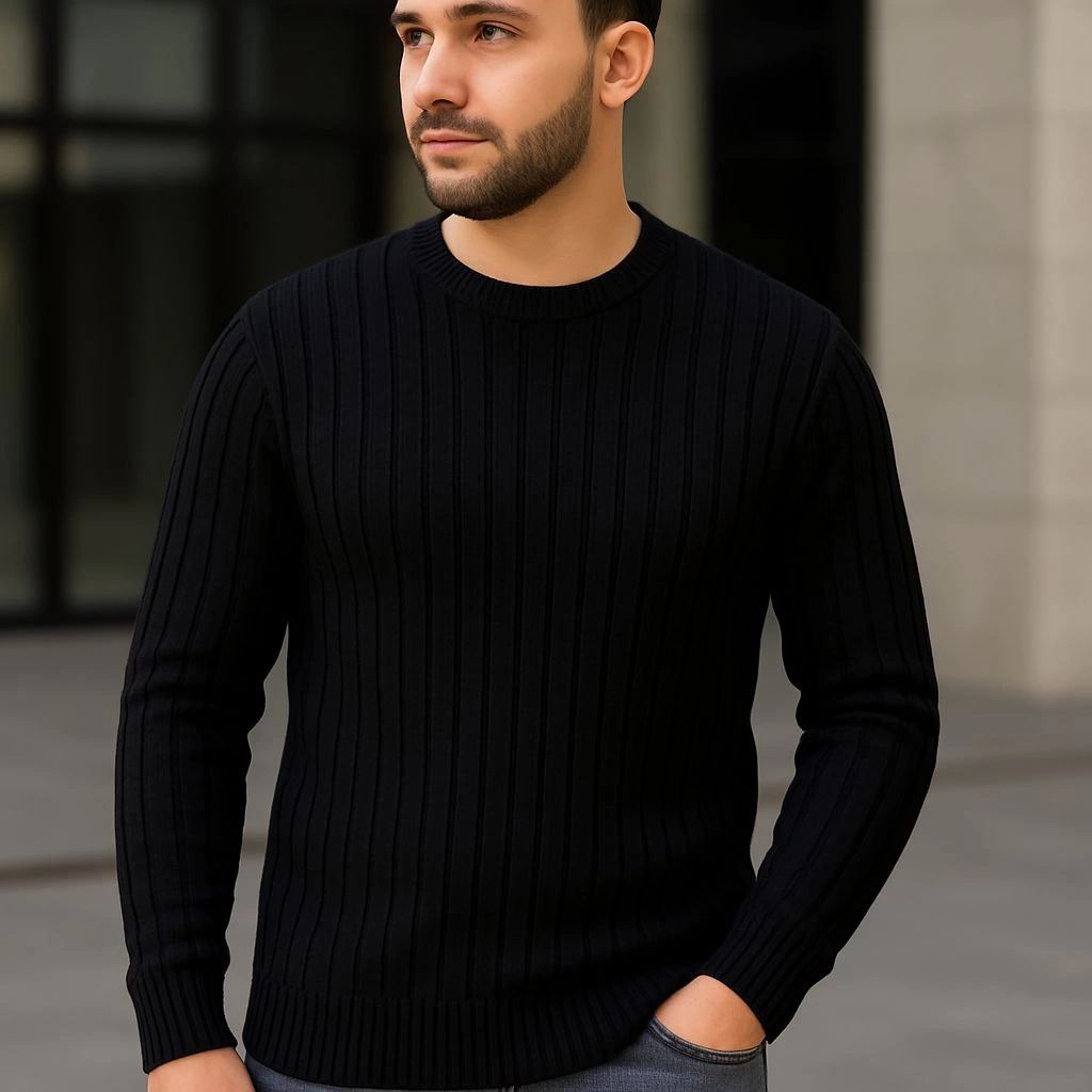 Erkek Fitilli Triko Kazak 2’li Set Siyah Haki Kalın Dokuma Pamuklu Regular Fit Bisiklet