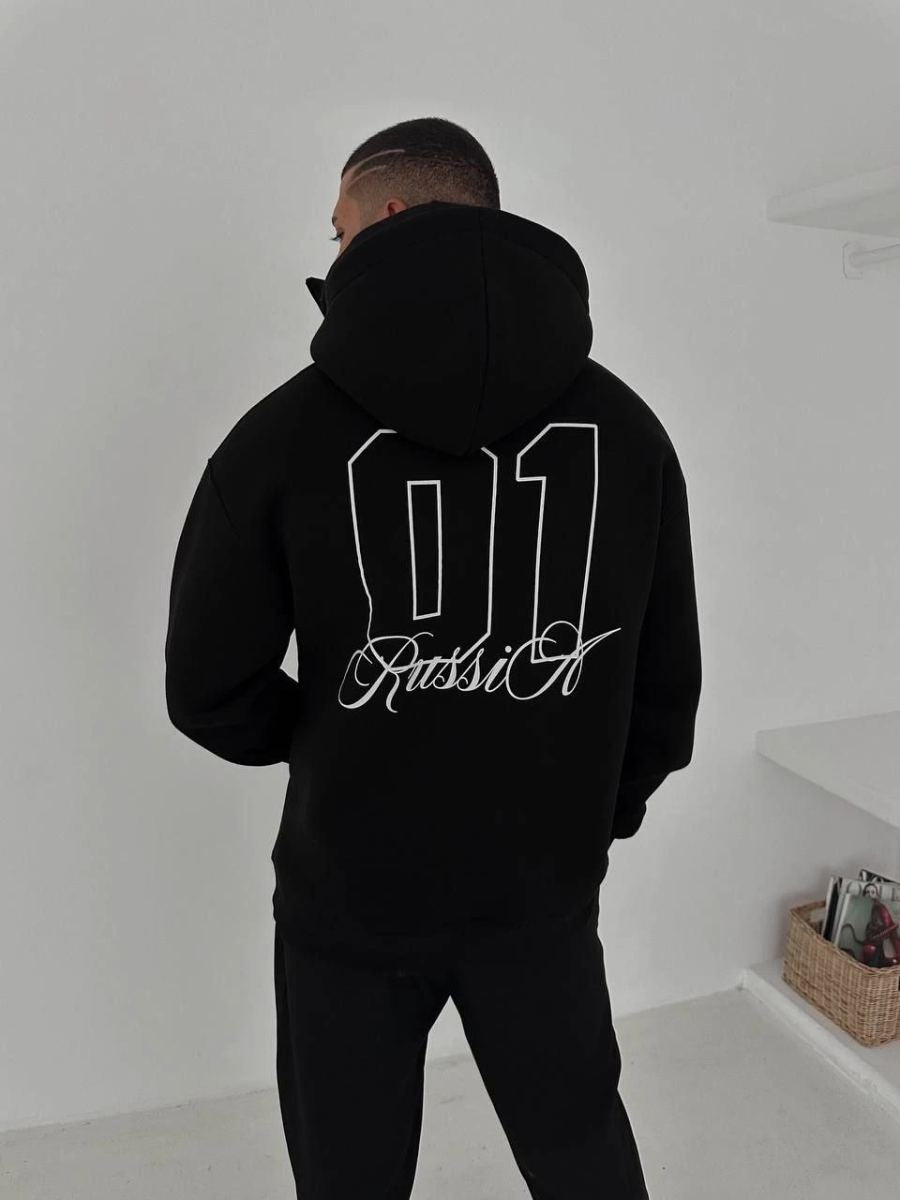 Samuray Ninja Çift Kapşonlu ZIP Fermuarlı Kanguru Çepli Tam Fermuarlı ön Arka - Siyah