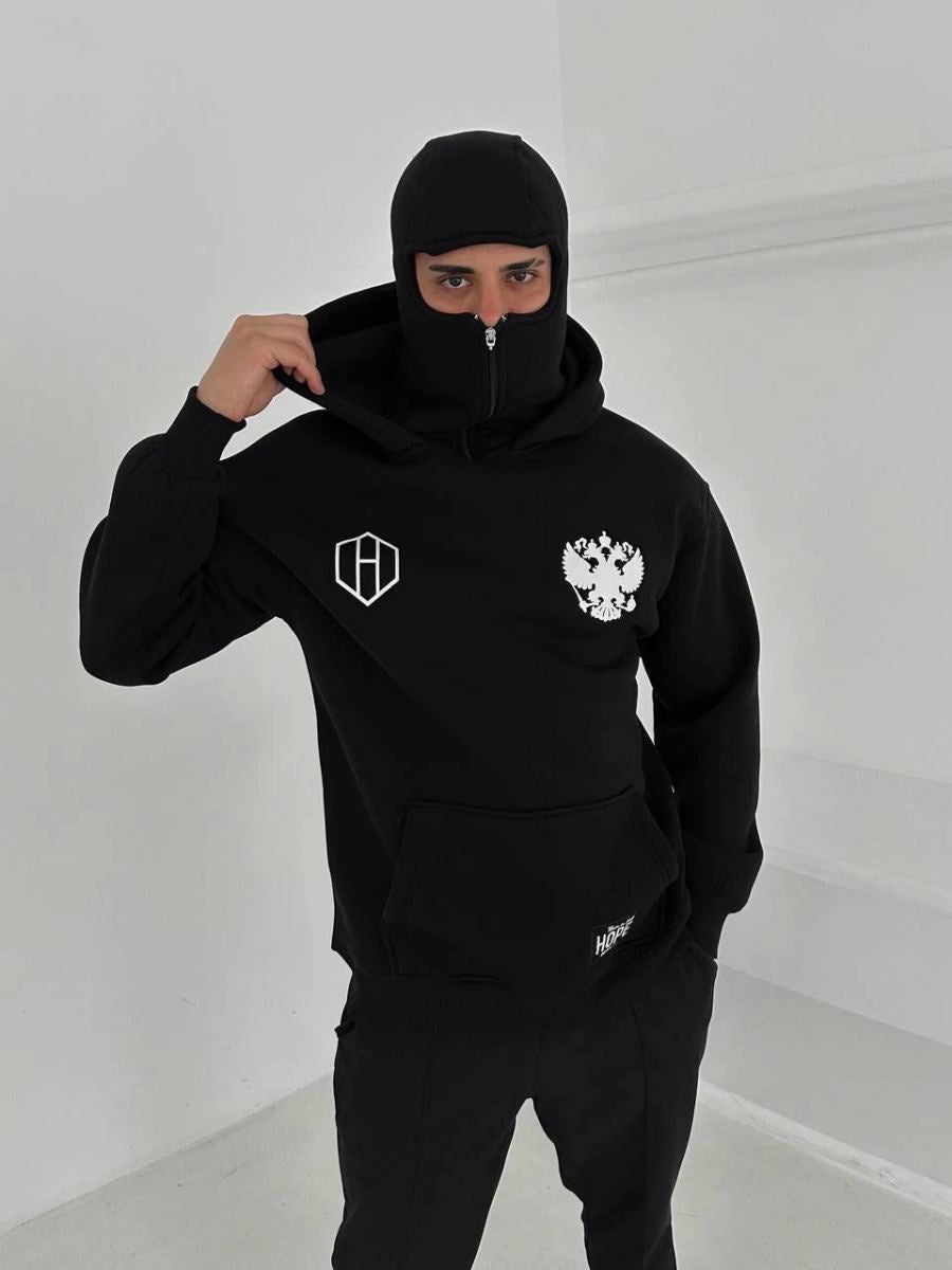 Samuray Ninja Çift Kapşonlu ZIP Fermuarlı Kanguru Çepli Tam Fermuarlı ön Arka - Siyah
