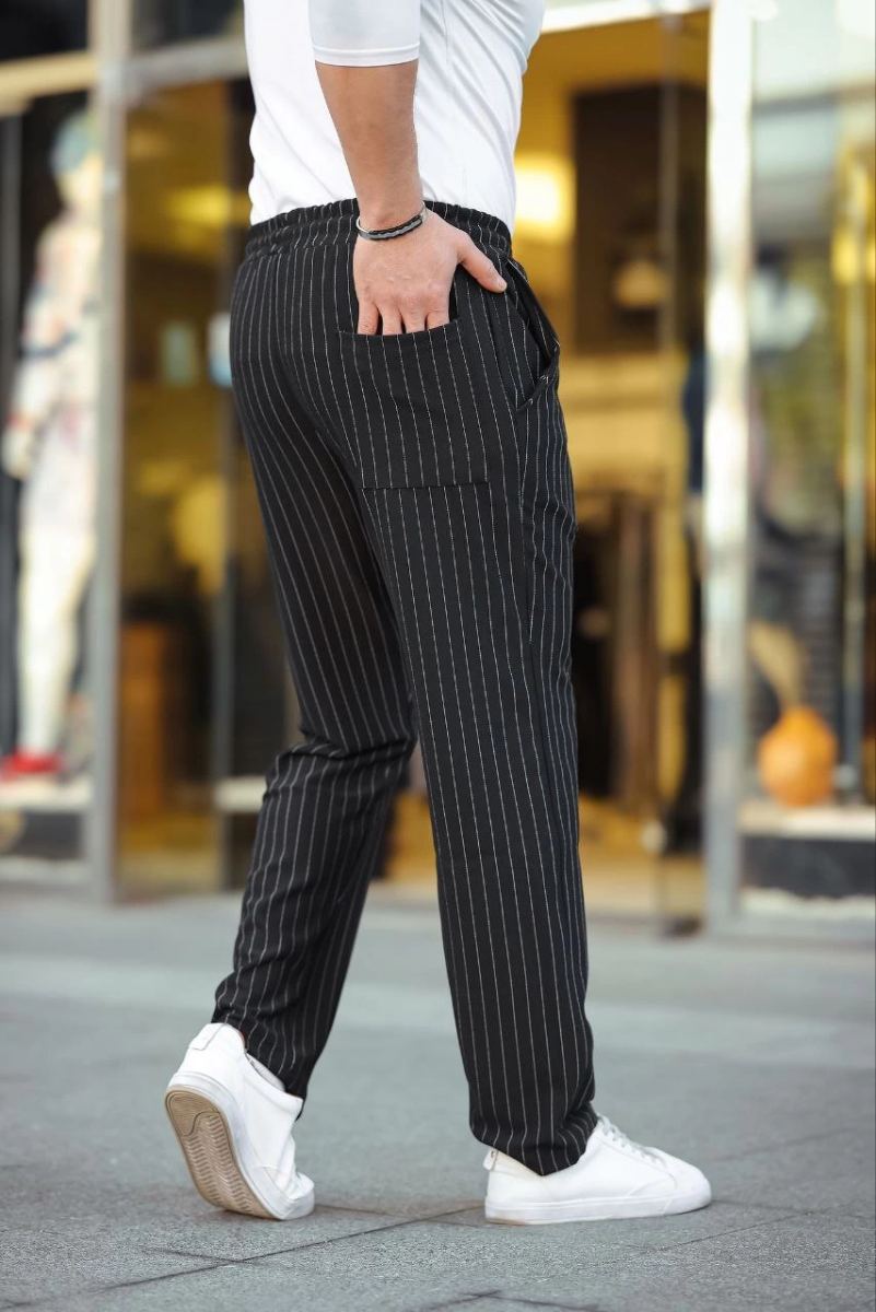 Erkek Cizgili Dokuma Krep Jogger Buggy Pantalon Rahat kalıp - Siyah