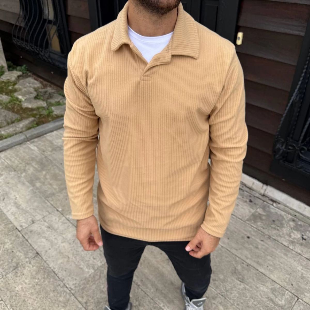 Erkek Fitilli Polar Sweatshirt Düğmesiz Yaka Oversize - Bej