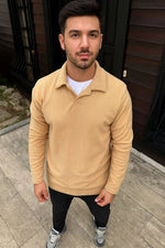 Erkek Fitilli Polar Sweatshirt Düğmesiz Yaka Oversize - Bej