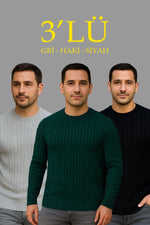 Erkek Fitilli Triko Bisiklet Yaka Kalın Kazak 3'lü Set Gri-Haki-Siyah