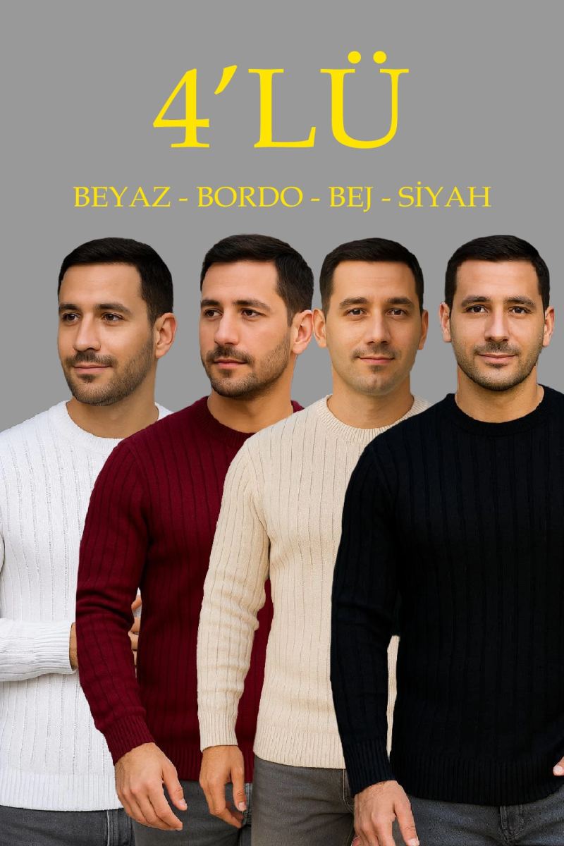 Erkek Fitilli Triko Bisiklet Yaka Kalın Kazak 4'lü Set Beyaz-Bebek Mavisi-Gri-Siyah
