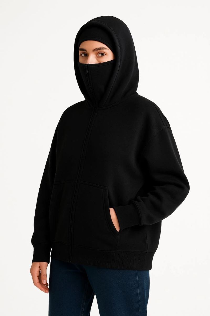 Kadın Samuray Ninja Çift Kapüşonlu Maske Detaylı 3 İplik Hoodie - Siyah