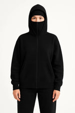 Kadın Samuray Ninja Çift Kapüşonlu Maske Detaylı 3 İplik Hoodie - Siyah