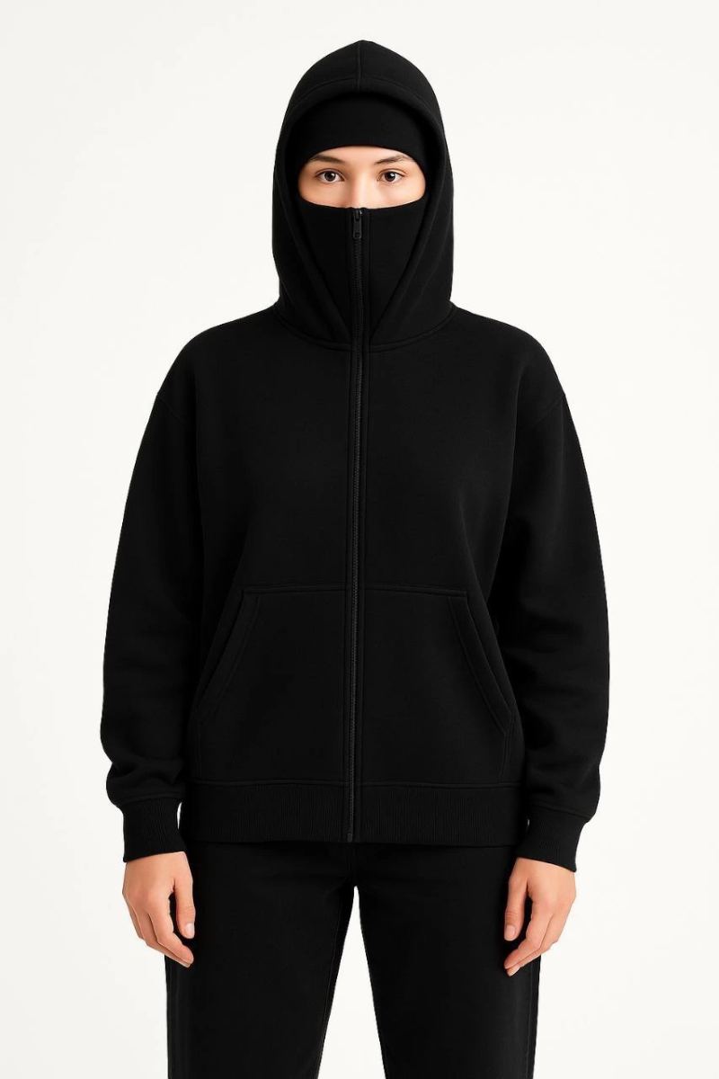 Kadın Samuray Ninja Çift Kapüşonlu Maske Detaylı 3 İplik Hoodie - Siyah